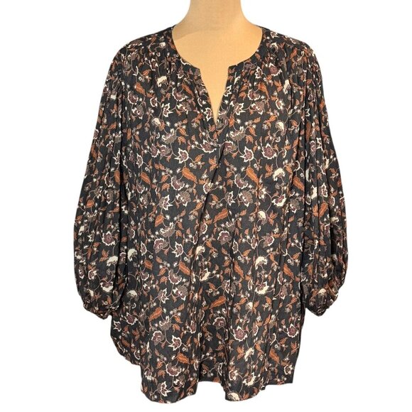ABLE Boho Floral Top Blouse Sz.3XL Brown 100% Cotton Puff Sleeve Career Cottage - Picture 1 of 15